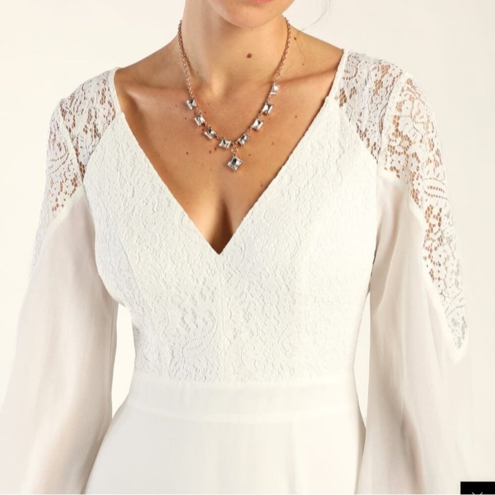 Lulus Astra Lace V Neck Maxi Wedding Dress Size S Chiffon Romantic Rustic Slit - Picture 3 of 10